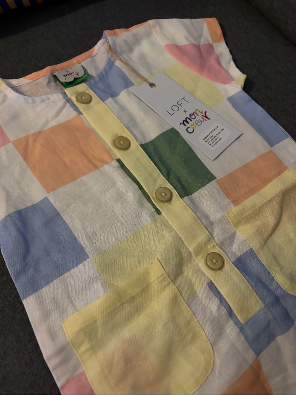 LOFT x Mon Coeur Pastel Check Linen Short-Sleeve One-Piece Bodysuit - Picture 3 of 4